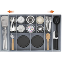 Dravina Expandable Kitchen Organizer Tray For Cutlery, Spices, Cosmetics & Stationery | Multipurpose Adjustable Drawer Organizer For Kitchen, Bedroom, Bathroom & Office Storage (Grey).