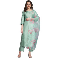 Vredevogel Women's Silk Blend Embroidered Straight Kurta Pant Set With Organza Dupatta (Sea-Green_Large)