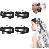 Sichumaria 4 Pcs Black Chunni Clips With Safety Pins,10 Teeth Wig Clips Wig Clips To Secure Hair Accessories Hair Extension Clips For Dupatta, Hijab Indian Costume,With Rubber Snap To Easy Operate (4)