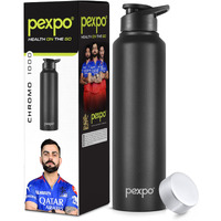Pexpo Chromo Pro Stainless Steel Sports/Fridge Water Bottle With Sipper & Steel Cap, 1 Litre, Knight Black | Bpa Free | Water Bottle For Office, Gym, School, Yoga | Rcb Edition