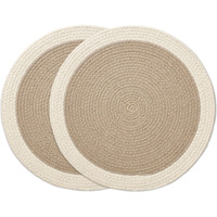 Encasa Xo Dining Table Mats Set Of 2 | Cotton Round Placemat - 33 Cm Diameter | Beige & Off White | Handmade Rib Style