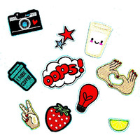 Segolike 10 Pieces Diy Embroidered Sew Iron On Patches Gesture Star Camera Strawberry Applique Decorations