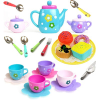 Super Toy Plastic Tea Party Pretend Play Kitchen Set With Food Toy For Kids Including Dessert Carrying Case Tea Set For Girls Birthday Toddler Gifts Age 3-12, Multicolor