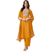 Ethnicjunction Women's Cotton Silk Eid Special Embroidered Kurta Palazzo And Dupatta Set | Eid Outfits For Women Mustard