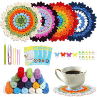 Patpat 4Pcs Floral Crochet Coaster Kit - Diy Crochet Starter Set For Beginners With Ergonomic Hooks, Vibrant Yarns, Needle & Step Guide - Decorative Tea Coasters (Random Colors, Multicolor)