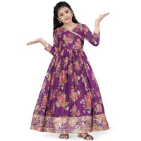 Fashion Dream Girls Tabby Silk Maxi Length Flared Embroidered Dress(Fdgdrs00097 Prp 40_Purple_13-14Yrs)