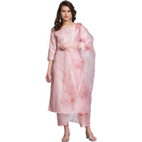 Vredevogel Women's Silk Blend Embroidered Straight Kurta Pant Set With Organza Dupatta (Pink_Large)