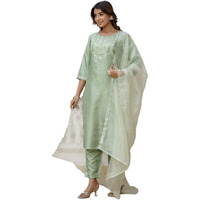 Vredevogel Women's Silk Blend Embroidered Kurta With Pant & Dupatta Set (Pista_Medium)