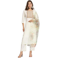 Vredevogel Women's Cotton Blend Embroidered Kurta With Pant & Organza Dupatta Set (White_Medium)