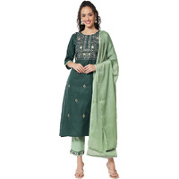Vredevogel Women's Cotton Blend Embroidered Kurta With Pant & Nazneen Dupatta Set (Green_Small)