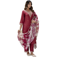 Vredevogel Kurta Set With Dupatta | Embroidered Viscose Rayon Kurta Pant Set For Women | Women's Ethnic Casual Kurti Set (Maroon_Small)