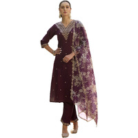 Vredevogel Women's Embroidered Viscose Rayon Kurta With Pant & Organza Dupatta Set (Purple_Small)