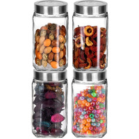 Piraml Glass Cubical Square 1 Ltr Transparent Glass Jars & Containers For Kitchen Pantry, Snacks, Masala, Honey, Jams, Pickles, Cookies, Dry Fruits, Coffee Beans Storage With Lid (1 Ltr, Set Of 4)