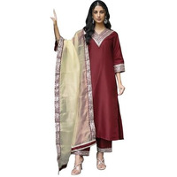Siril Women's Silk Embroidered Straight Kurta Pant With Dupatta Set (104Kbd1140-L_Red)