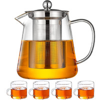 Zroy Enterprise Borosilicate Glass Round Tea Pot With Heat Resistant Stainless Steel Infuser Perfect For Tea And Coffee Maker, Clear Glass Kettle With 4 Cups (950 Ml, Round Kettle With Cups)