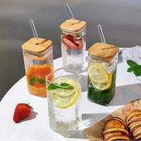 Kikiluxxa Water Drinking Glass Green Tea And Coffee Can Mug With Lid And Straw Set Of 4, Beer Soda Fruit Juice Milk Glass Sipper Tumbler Cup With Straw (320Ml Lid Coffee Can 4)