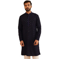 Sojanya (Since 1958 Men's Cotton Contrast Embroidered Sequinned Navy Blue Long Kurta
