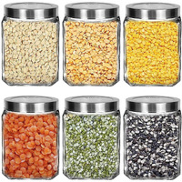 Feelopie Piramal Glass Square Clear Jars & Containers For Kitchen Pantry, Snacks, Honey, Pickles, Cookies, Dry Fruits, And Coffee Beans Storage With Stainless Steel Lid (Cube Jar) (600Ml, Set Of 6)