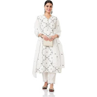 Amazon Brand - Myx Women's Embroidered Kurta Pant Set With Organza Dupatta (Ss25-Myx-Sur-Ks-17_Off-White_Xs)