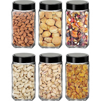 Feelopie Piramal Glass Square Clear Jars&Containers For Kitchen Pantry,Snacks,Masala,Honey,Pickles,Cookies,Dry Fruits,Coffee Beans Storage With Black Color Plastic Lid(Cube Jar)(1000Ml,Set Of 6)