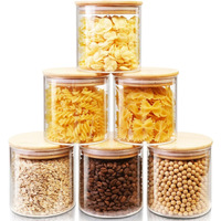 Jinelza Glass Jars With Wooden Lid Glass Jar Set Food Storage Containers Borosilicate Glass Jar Set/Suit For Sugar, Tea, And Other Dry Food Storage (220Ml Jars, 6 Pcs, Transparent)