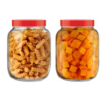 Brezzycloud Piraml Glass Round Shape Transparent Glass Jars & Containers For Kitchen Pantry, Snacks,Dry Fruits, Coffee Beans Storage With Red Color Plastic Lid (Set Of 2) (3000Ml Round Red Cap)