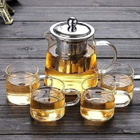 Ankul Borosilicate Square Glass Tea Pot With Heat Resistant Stainless Steel Infuser Perfect For Tea And Coffee Maker, Clear Glass Kettle With 4 Cups (750 Ml, Round With Cup)