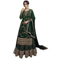 Miss Ethnik Women's Black Georgette Semi Stitched Top With Stitched Faux Georgette Bottom And Faux Georgette Dupatta Embroidered Straight Kurta Dress Material (Kurta Palazzo Set) (Me-1033-Green)