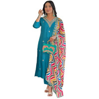 Naixa Women's Rama Viscose Embroidered Straight Kurta With Viscose Pant And Silk Blend Printed Dupatta Sets (Nx-467-Rama-M)
