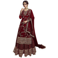Miss Ethnik Women's Faux Georgette Semi Stitched Top With Stitched Bottom And Dupatta Embroidered Straight Kurta Palazzo Set/Dress Material, Maroon