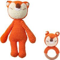 Sycamore East 2Pc Wooden Baby Fox Rattle & Crochet Doll Plush Elephant Stuffed Animals Toy For Newborn | 100% Handmade Infant Soothe Toys For Sensory And Early Grips Development Gifts