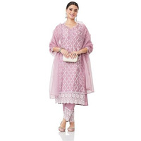 Amazon Brand - Myx Women's Embroidered Cotton Kurta Pant Set With Organza Dupatta (Ss25-Myx-Sur-Ks-18_Mauve_M)