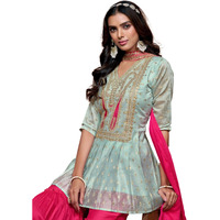 Ethnicjunction Women's Chanderi Silk Embroidered Eid Special A-Line Kurta Sharara Set With Choker Dupatta | Eid Outfits For Women Grey
