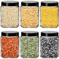 Vency Piramal Glass Cubical Square 600Ml Transparent Glass Jars & Containers For Kitchen, Snacks, Masala, Jams, Pickles, Cookies, Dry Fruits, Coffee Storage With Black Plastic Lid (600Ml, Set Of 6)