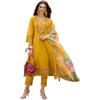 Indo Era Women's Silk Blend Embroidered A-Line Kurta And Pant With Dupatta Set (Ieout6679_Large), Yellow