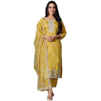 Royal Export Women's Chanderi Ethnic Motifs Embroidered Straight Kurta Pant With Dupatta (Rx153-Surbhiyelo-Skd_Yellow_S)