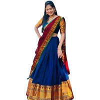 Zerico Women's Indian Traditional Kanjivaram Kanchipuram Silk Pure Zari Weaving Lehenga Choli And Havay Zari Work Dupatta With Blouse (All Unstitched) (Half Saree) (Blue-)