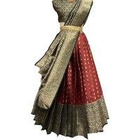 Zerico Women's Indian Traditional Kanjivaram Kanchipuram Silk Pure Zari Weaving Lehenga Choli And Havay Zari Work Dupatta With Blouse (All Unstitched) (Half Saree) (Marron-Green)