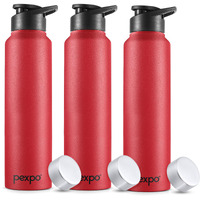 Pexpo Chromo Stainless Steel Sports/Fridge Water Bottle With Sipper & Steel Cap, 1 L, Crimson Red, Pack Of 3|Eco Friendly|Bpa Free | Water Bottle For Office, Gym, School, Yoga, Trekking, Adults & Kids