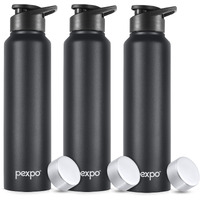 Pexpo Chromo Stainless Steel Sports/Fridge Water Bottle With Sipper & Steel Cap, 1 Litre, Knight Black Pack Of 3| Bpa Free | Water Bottle For Office, Gym, School, Yoga, Trekking, Adults & Kids