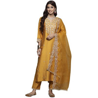 Indo Era Women's Embroidered Viscose Calf Length Straight Kurta And Pant With Dupatta Set (Kh1Mt9425_X-Small), Yellow