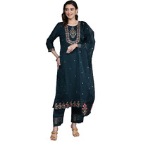 Indo Era Blue Straight Embroidered Kurta Trouser With Dupatta Set For Women (Kh9Bl7196_X-Small)