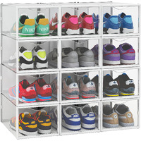 Primalite Drop Front Clik Stackable Shoe Storage Box- 12 Pack,Clear Plastic Rectangular Foldable Rack Stand Container For Closet|Heels,High Tops,Sneakers,Sports Shoes-Upto Uk: 11.5|Us: 12,35X25X19Cm