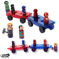 Geltiles Superheroes Magnetic Tiles Special 2 Cartwheel Cars With 7 Wooden Building Blocks Unique Super Heros Dolls, Handmade, Made In India Toy For Kids Gifting Motor Play Set (9 Pcs Superheroes)