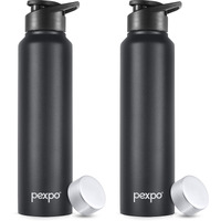 Pexpo Chromo Stainless Steel Sports/Fridge Water Bottle With Sipper & Steel Cap, 1 Litre, Knight Black Pack Of 2| Bpa Free | Water Bottle For Office, Gym, School, Yoga, Trekking, Adults & Kids