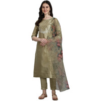 Vredevogel Women's Silk Blend Embroidered Straight Kurta Pant Set With Organza Dupatta (Pista_Large)