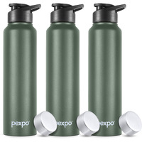 Pexpo Chromo Stainless Steel Sports/Fridge Water Bottle With Sipper & Steel Cap, 1 Litre, Military Green Set Of 3| Bpa Free | Water Bottle For Office, Gym, School, Yoga, Trekking, Adults & Kids