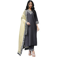Siril Women's Silk Embroidered Regular Fit Straight Kurta Pant With Dupatta Set (104Kbd1139-L_Grey), Large