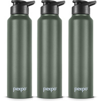 Pexpo Chromo Stainless Steel Sports/Fridge Sipper Water Bottle 750Ml, Military Green Pack Of 3 | Eco Friendly | Bpa Free | Water Bottle For Office, Gym, School, Yoga, Trekking, Men, Women And Kids