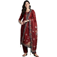 Indo Era Women's Chanderi Silk Embroidered Straight Kurta & Pant With Dupatta Set (Kh9Mr6818_Xx-Large)